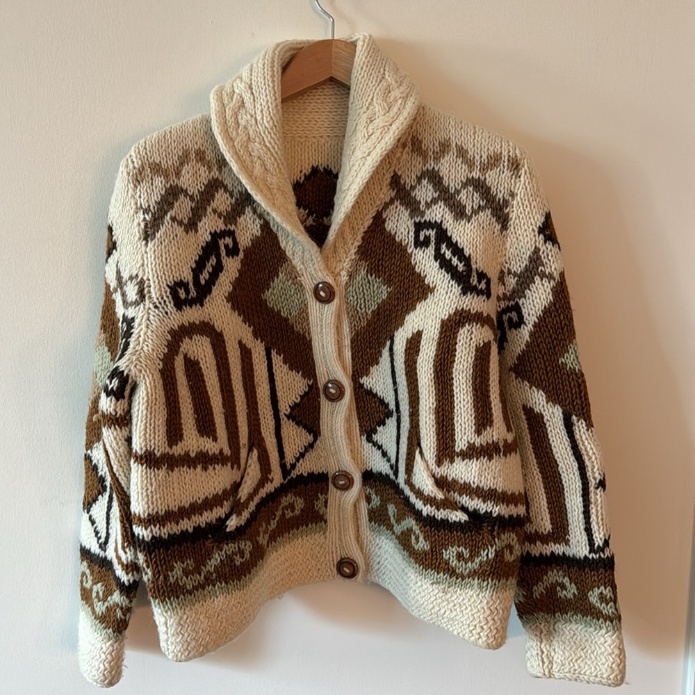 Vintage Handmade Chunky Aztec Design Shawl Collar Cardigan size M/L